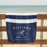 Navy & White Stripe Personalised Family Vacation Beach Towel<br><div class="desc">Commemorate your family vacation,  trip or cruise with these unique custom beach towels. Personalised design features classic nautical navy blue and white stripes with your family name,  event type,  year and destination flanking a pair of white palm tree silhouette illustrations.</div>