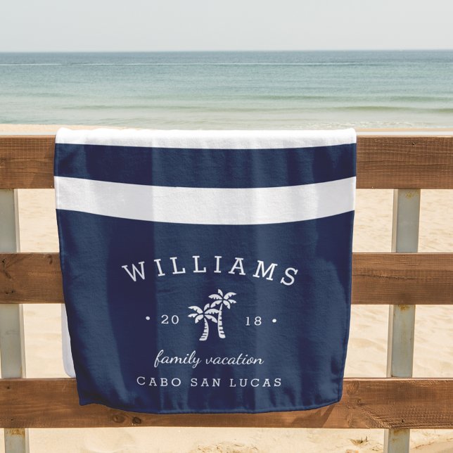 Navy & White Stripe Personalised Family Vacation Beach Towel (Creator Uploaded)