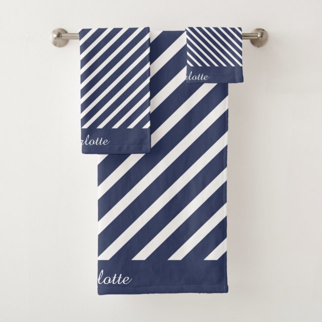 NAVY WHITE STRIPE PERSONALIZED BATHROOM TOWEL SET (Insitu)