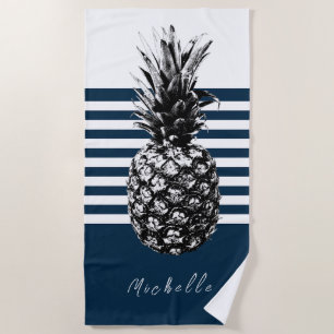 Navy & White Stripe Pineapple Custom Beach Towel