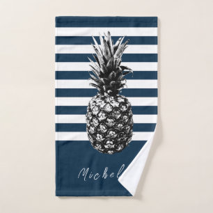 Navy & White Stripe Pineapple   Custom Hand Towel