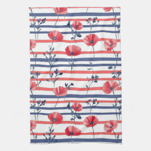 Navy White Stripe Red Poppy Coastal Floral Tea Towel