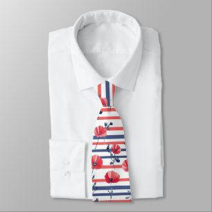 Navy White Stripe Red Poppy Coastal Floral Tie