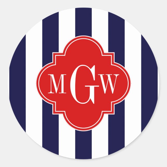 Navy White Stripe Red Quatrefoil 3 Monogram Classic Round Sticker (Front)