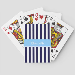 Navy White Stripe Sky Blue Ribbon Name Monogram Playing Cards