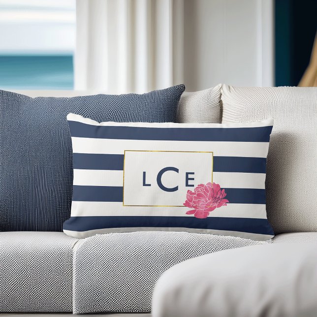 Navy & White Stripe w/ Pink Peony | Monogram Lumbar Cushion (Creator Uploaded)