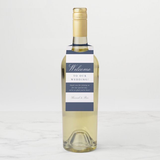 Navy & White Stripe Wedding Welcome Bottle Tag (On Bottle)