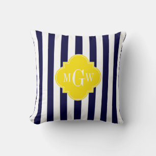 Navy White Stripe Yellow Quatrefoil 3 Monogram Cushion