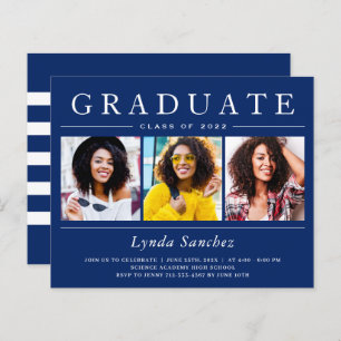 Navy White Stripes 3 Photo Graduation Invitations