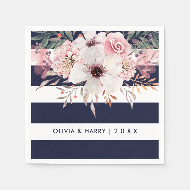 Navy White Stripes Floral Wedding Paper Napkin (Front)