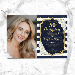 Navy White Stripes Gold Photo 50th Birthday Invitation<br><div class="desc">Elegant floral feminine 50th birthday invitation with your photo. Glam navy white pink design with faux glitter gold. Features navy blue and white stripes, roses, script font and confetti. Perfect for a stylish adult bday celebration party. Personalise with your own details. Can be customised for any age! Printed Zazzle invitations...</div>