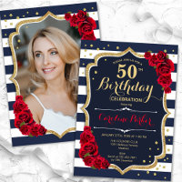 Navy White Stripes Red Roses Photo 50th Birthday