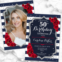 Navy White Stripes Red Silver Photo 50th Birthday