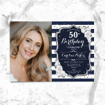 Navy White Stripes Silver Photo 50th Birthday Invitation<br><div class="desc">Elegant floral feminine 50th birthday invitation with your photo. Glam navy white pink design with faux glitter silver. Features navy blue and white stripes, roses, script font and confetti. Perfect for a stylish adult bday celebration party. Personalise with your own details. Can be customised for any age! Printed Zazzle invitations...</div>