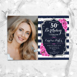 Navy White Stripes Silver Pink Photo 50th Birthday Invitation<br><div class="desc">Elegant feminine 50th birthday invitation with your photo. Glam navy white pink design with faux glitter silver. Features navy blue and white stripes, pink roses, script font and confetti. Perfect for a stylish adult bday celebration party. Personalise with your own details. Can be customised for any age! Printed Zazzle invitations...</div>