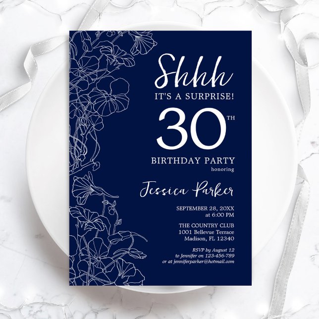 Navy White Surprise 30th Birthday Invitation (Creator Uploaded)