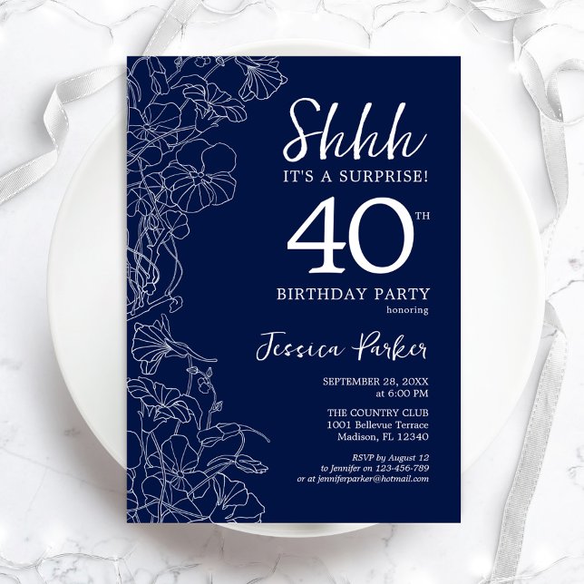Navy White Surprise 40th Birthday Invitation (Creator Uploaded)