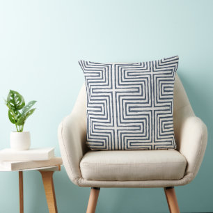 navy white Tribal Maze Mud Cloth Pattern Cushion