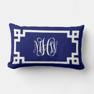 Navy White Vine Script Monogram Greek Key DIY BG Lumbar Cushion