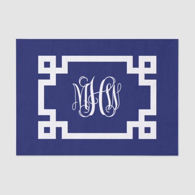Navy White Vine Script Monogram Greek Key DIY BG Tissue Paper (Front)