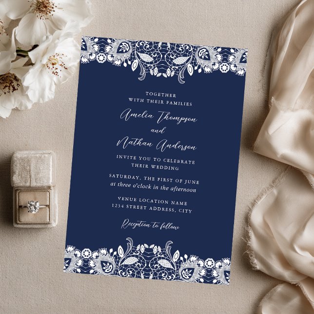 Navy White Vintage Lace Wedding Invitation (Creator Uploaded)