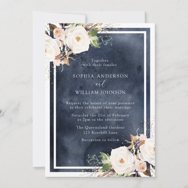 Navy & White Watercolor Flowers Elegant Wedding Invitation (Front)