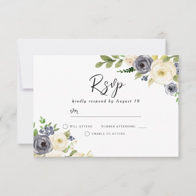 Navy & White Watercolor Flowers Gorgeous Wedding RSVP Card (Front)