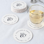 Navy & White Wedding Monogram Round Paper Coaster<br><div class="desc">Simple white coasters for your wedding cocktail hour or reception feature your initials worked into a monogram design, joined by a decorative script ampersand in rich navy blue. Your names and wedding date appear in black lettering, curved around the outside. Designed to coordinate with our Ampersand Monogram wedding invitation collection....</div>
