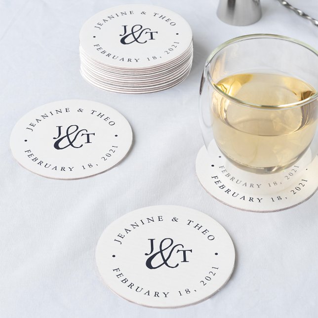 Navy & White Wedding Monogram Round Paper Coaster (Creator Uploaded)