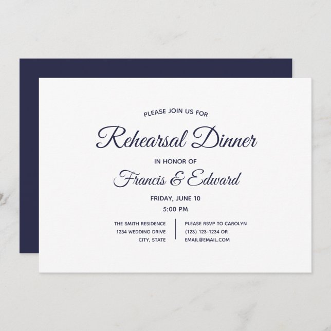 Navy White Wedding Rehearsal Dinner Invitations (Front/Back)