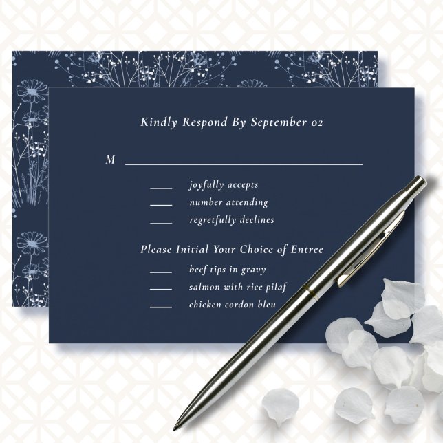 Navy White Wildflower Menu Selection Wedding RSVP (Creator Uploaded)