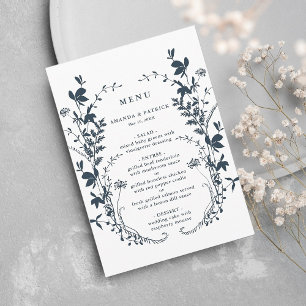 Navy & White Wildflower Silhouette Wreath Wedding Menu