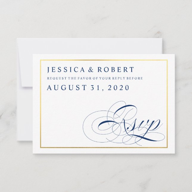 Navy & White with Faux Gold Wedding RSVP Card (Front)