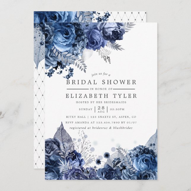Navy & White with Silver Foil Floral Bridal Shower Invitation (Front/Back)