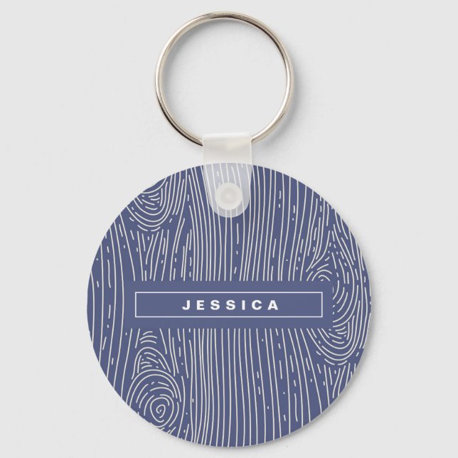 Navy White Wood Grain Abstract Pattern Keychain (Front)