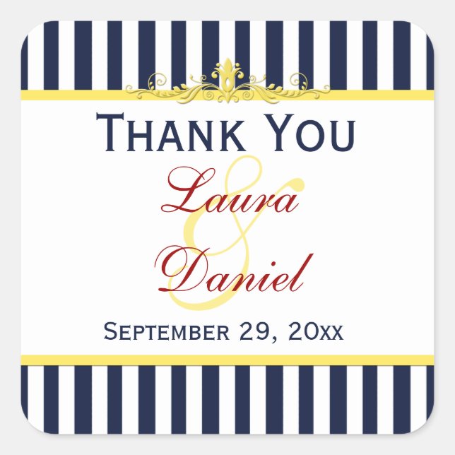 Navy White Yellow Stripes Scroll Wedding Sticker (Front)