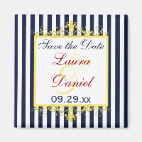 Navy, White, Yellow Stripes, Scrolls Save the Date