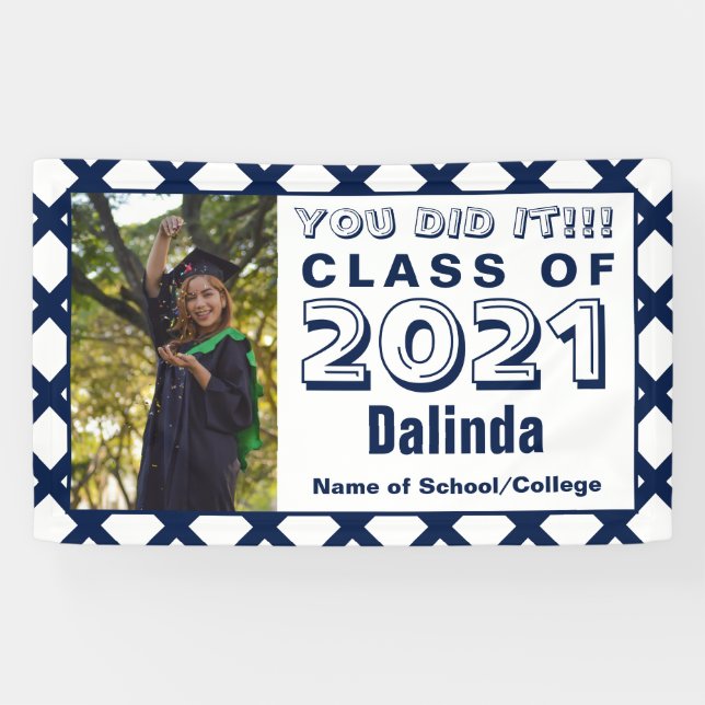 Navy & White You Did It Graduation Banner (Horizontal)
