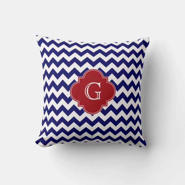 Navy Wht Chevron Cranberry Red Quatrefoil Monogram Cushion (Front)