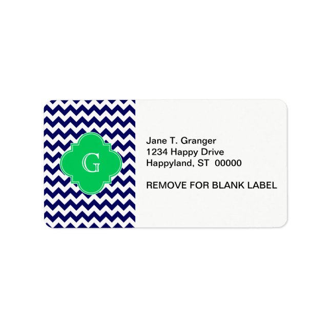 Navy Wht Chevron Emerald Green Quatrefoil Monogram Label (Front)