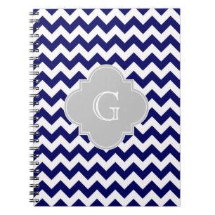Navy Wht Chevron Grey Quatrefoil Monogram Spiral Notebook