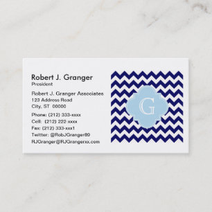 Navy Wht Chevron Lt Blue Quatrefoil Monogram Business Card