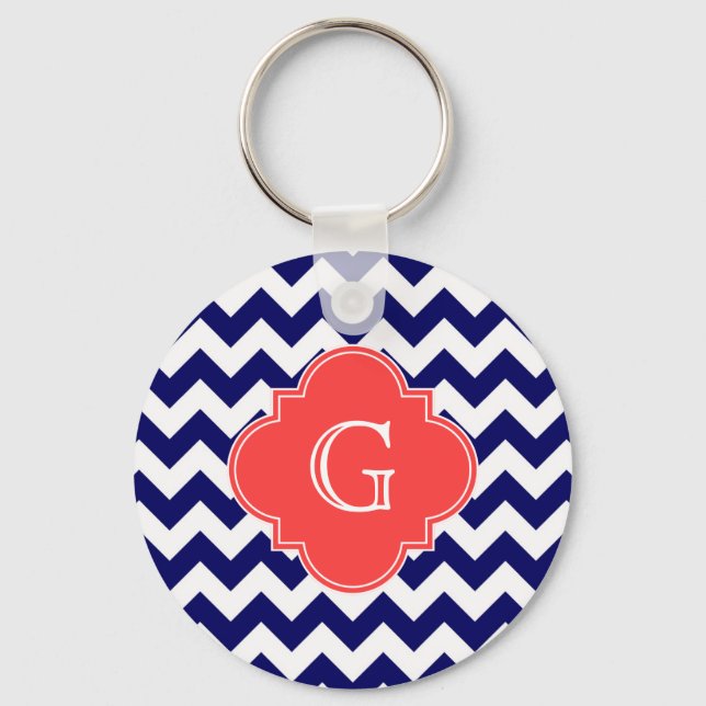 Navy Wht Chevron Zigzag Coral Quatrefoil Monogram Key Ring (Front)