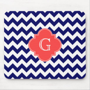 Navy Wht Chevron Zigzag Coral Quatrefoil Monogram Mouse Pad