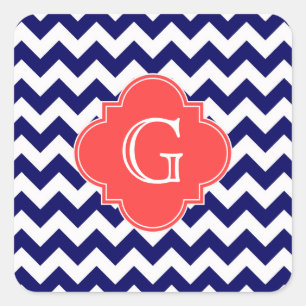 Navy Wht Chevron Zigzag Coral Quatrefoil Monogram Square Sticker
