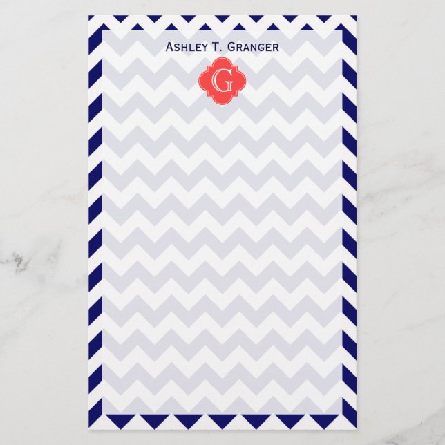 Navy Wht Chevron Zigzag Coral Quatrefoil Monogram Stationery (Front)