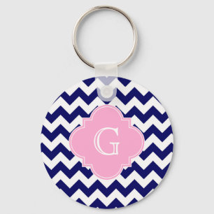 Navy Wht Chevron ZigZag Pink Quatrefoil Monogram Key Ring