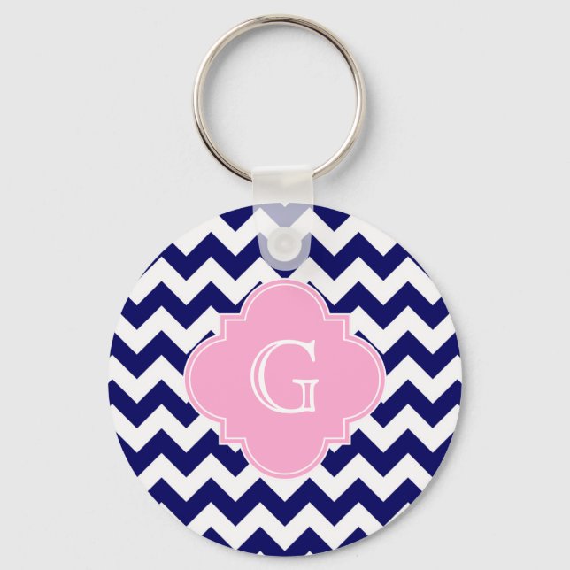 Navy Wht Chevron ZigZag Pink Quatrefoil Monogram Key Ring (Front)