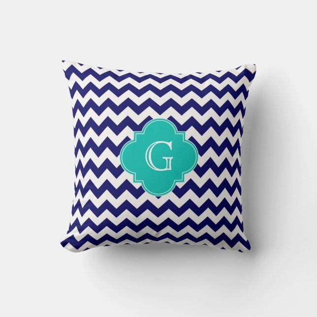 Navy Wht Chevron ZigZag Teal Quatrefoil Monogram Cushion (Front)