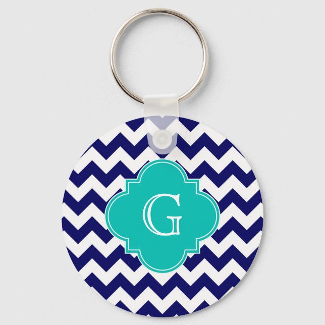 Navy Wht Chevron ZigZag Teal Quatrefoil Monogram Key Ring (Front)